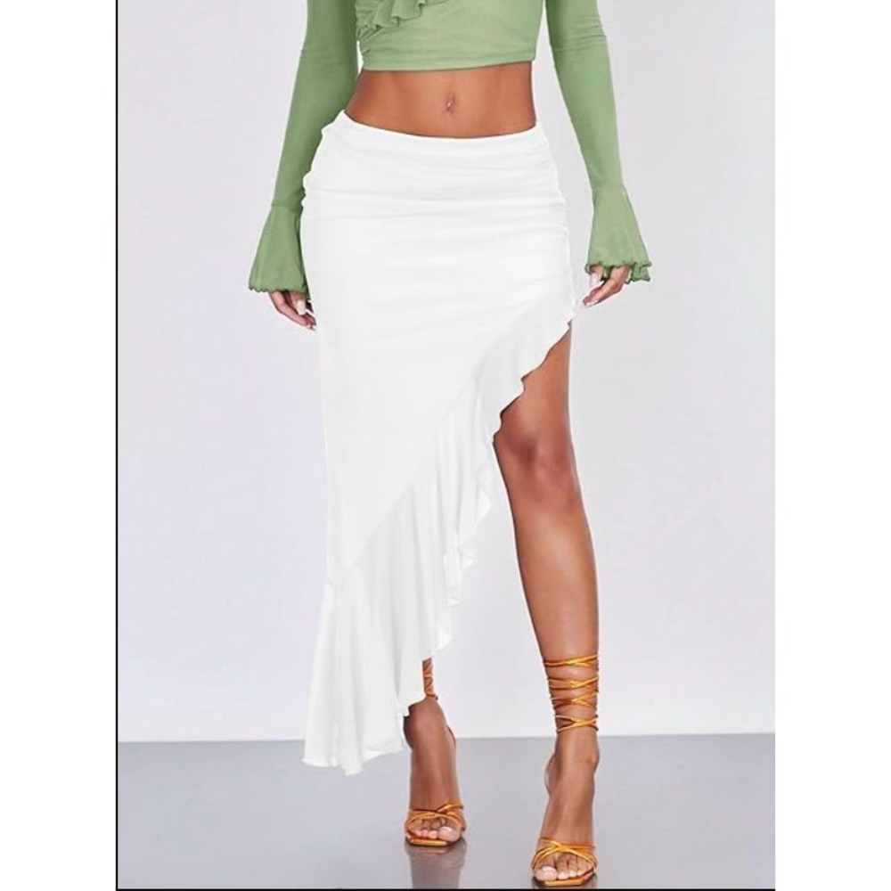 NWT Agecode Skirt Womens S White Asymmetric‎ Ruched Ruffle Mesh Maxi Y2K Fairy